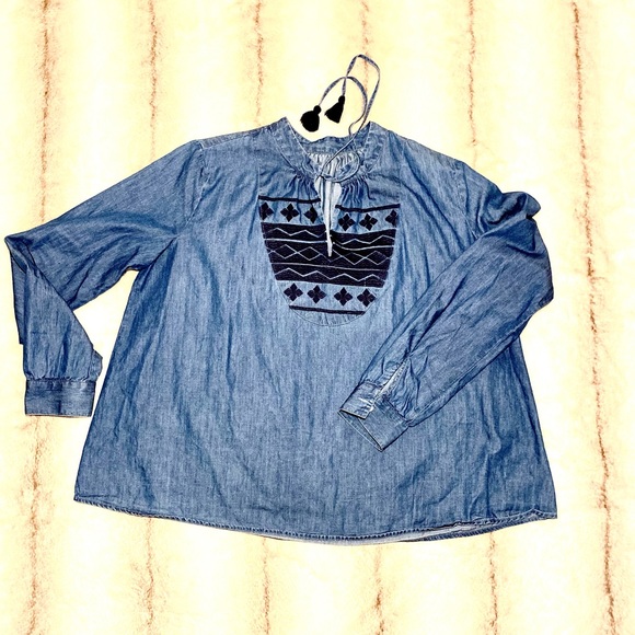 Blue Anthro Denim Chambray Embroidered Swing Tassel Blouse - Picture 10 of 13